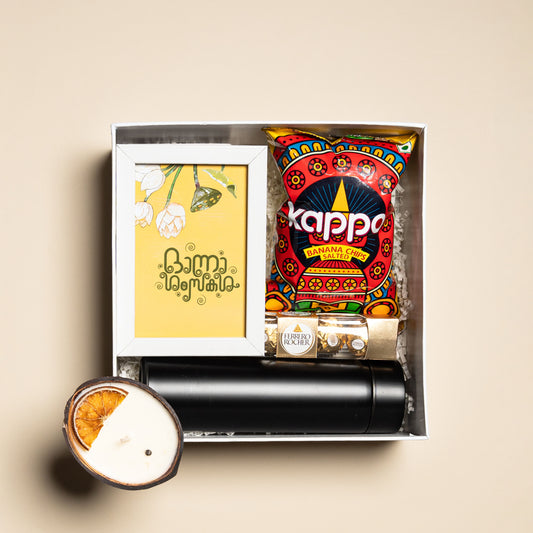 Chendumalli Kerala Onam Gift Hamper with Traditional Snacks, Ferrero Rocher, Eco-Friendly Candle, and Digital Thermos