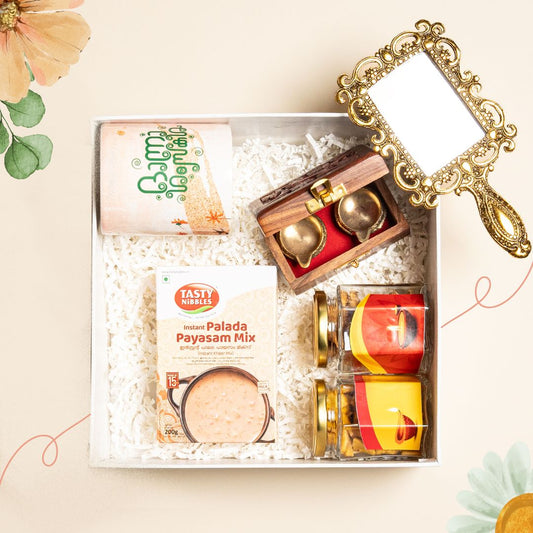 Daisy Delight Kerala Onam Gift Hamper with Coffee Mug, Brass Diyas, Kerala Snacks, and More