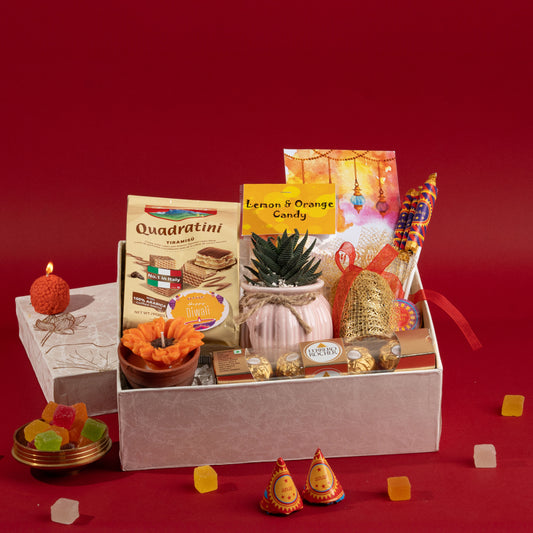 Diwali Elegance Gift Hamper with Premium Sweets, Succulent, and Decorative Candles