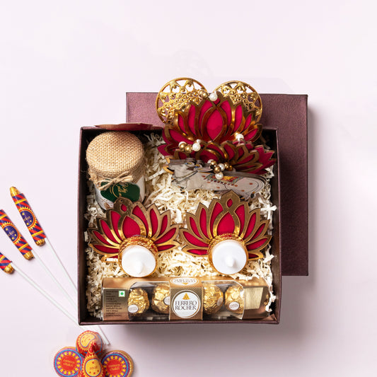 Diya Delights Diwali Gift Hamper: Ferrero Rocher, Honey Jar, Lotus Tealight Diyas, and Lotus Pichwai Decor