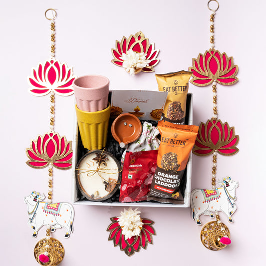 Eco Treats Diwali Gift Hamper: Rice Husk Cups, LED Diyas, Coconut Candle, and Festive Treats