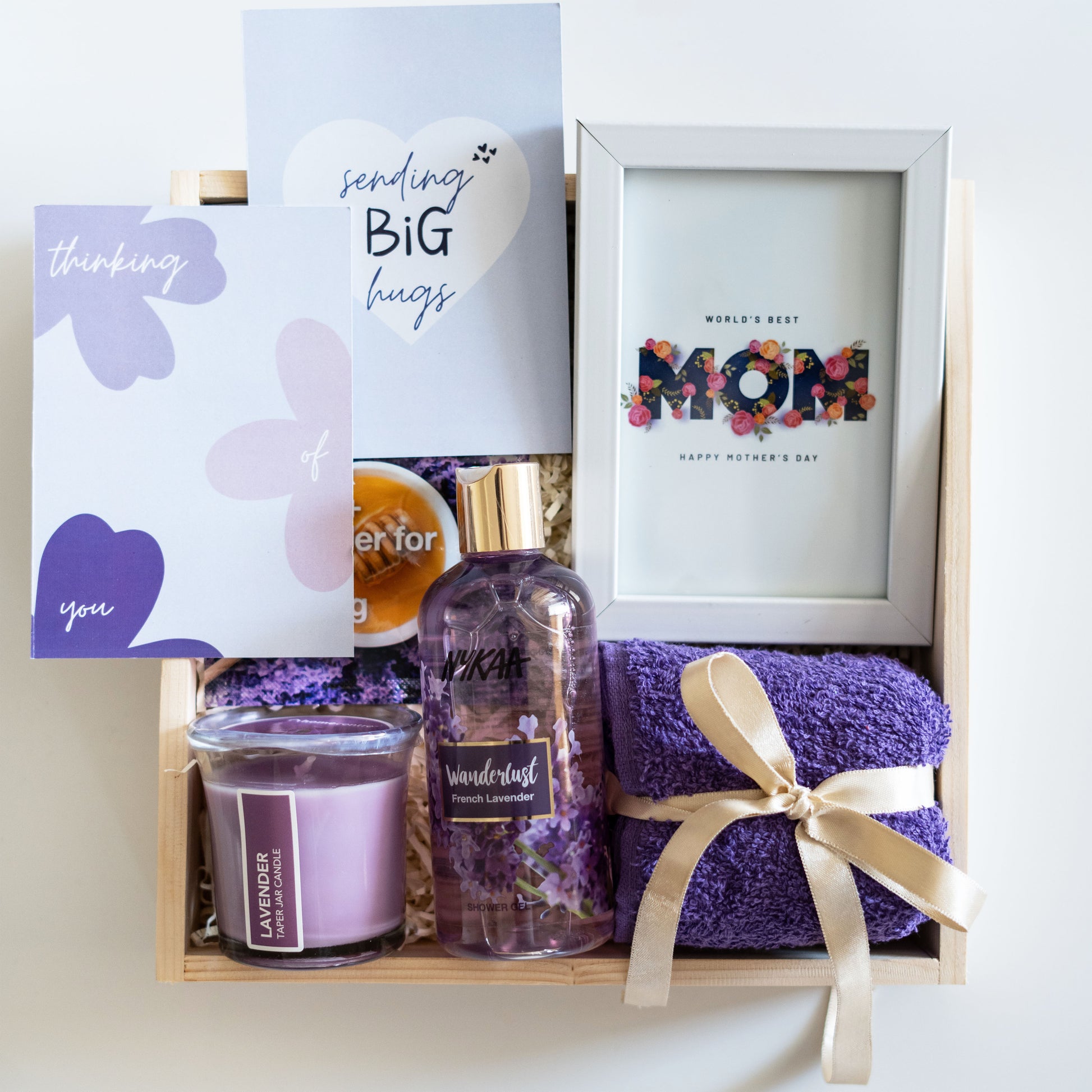 Hugs - World's Best Mom Mother's Day Hamper: Lavender Shower Gel, Sheet Mask, Taper Candle, and Photo Frame