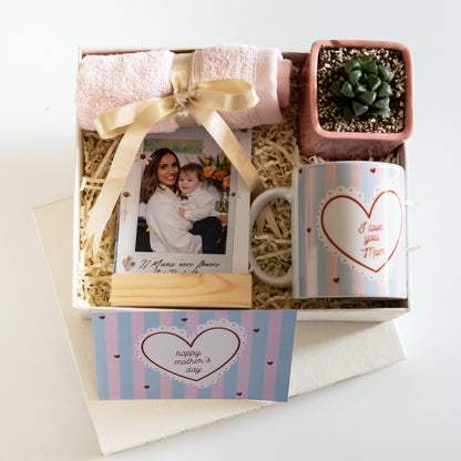 I Love You Mom - Mother's Day Gift Hamper: Photo Polaroids, Customized Mug, Succulent Plant, and Greeting Card