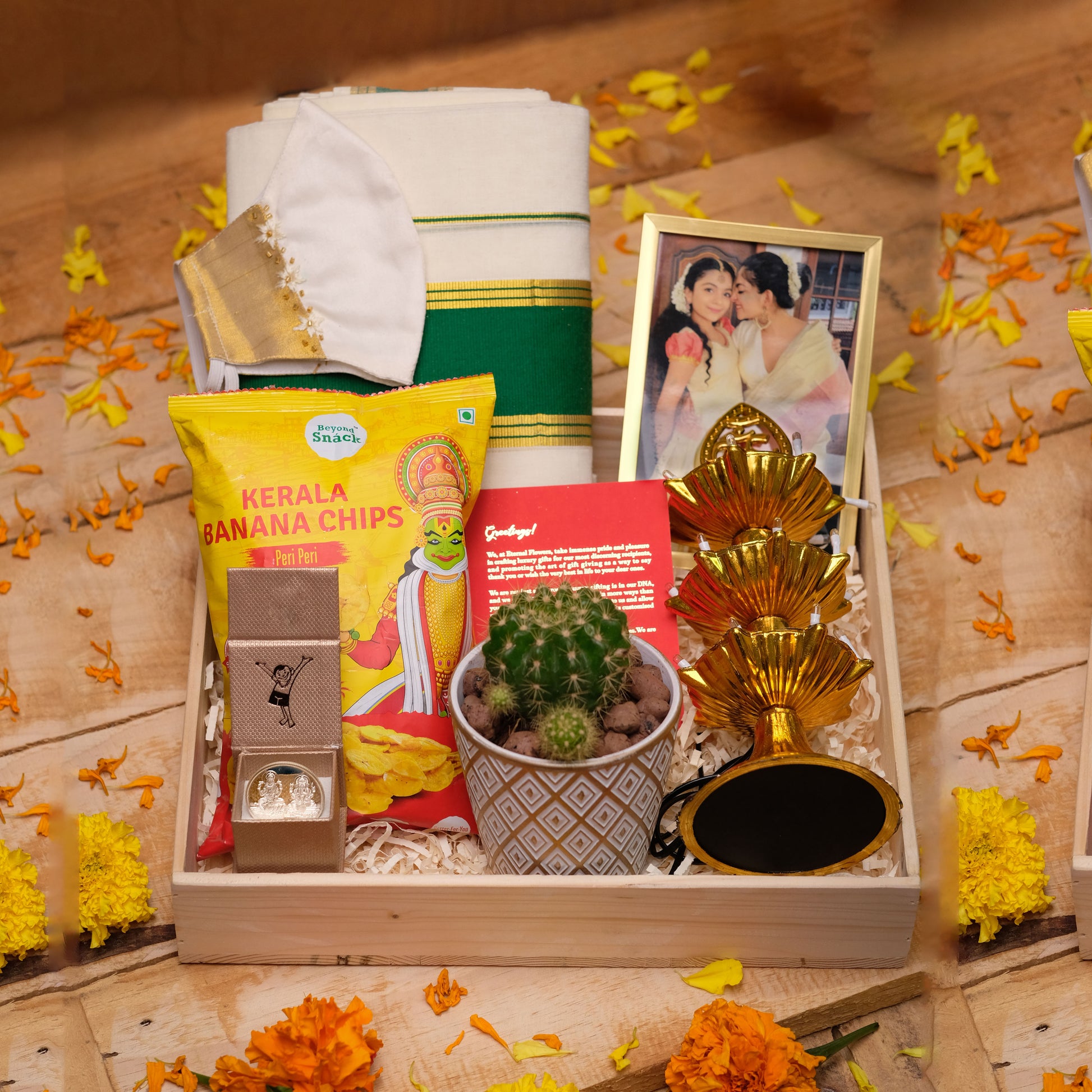 Kerala Onam Serenity Hamper | Silver Coin, Traditional Attire, and Gourmet Delights