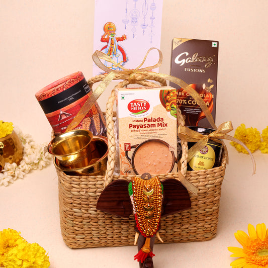 Premium Kerala Thiruvonam Hamper | Traditional Brass Davara, Tumbler Set, Onam Delights