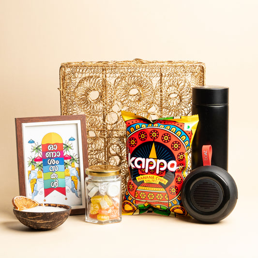 Mandaram Kerala Onam Gift Hamper with Bluetooth Speaker, Digital Thermos, Banana Chips, and Eco-Friendly Candle