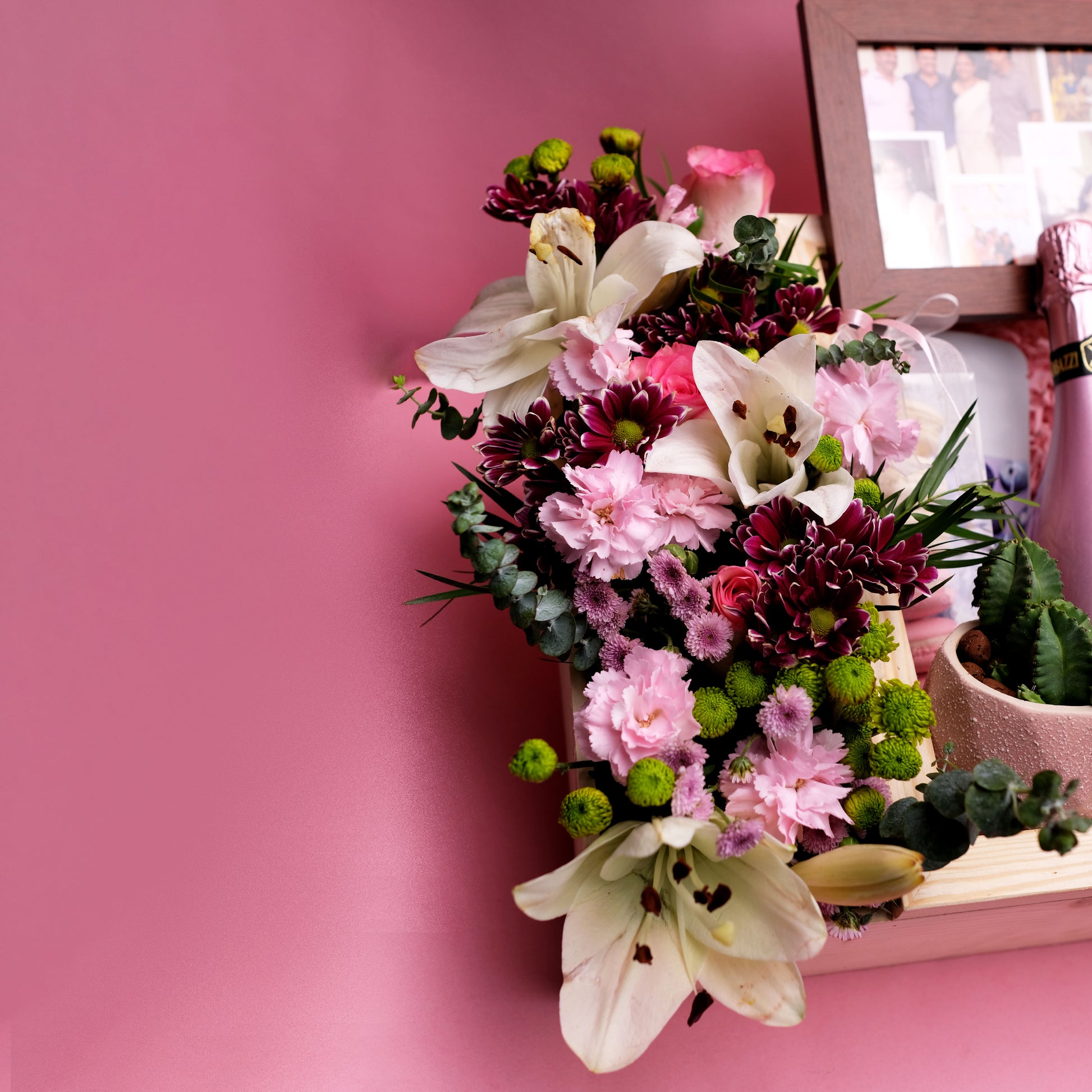 Packaged in Premium Wooden Tray with Assorted Flowers | A Beautiful Presentation