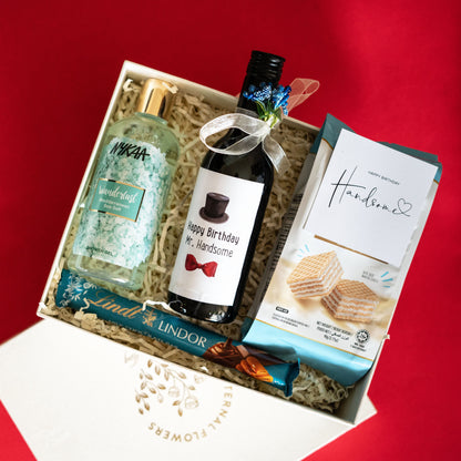 Mr. Handsome Birthday Gift Hamper: Shower Gel, Non-Alcoholic Wine, Lindt Lindor Chocolate