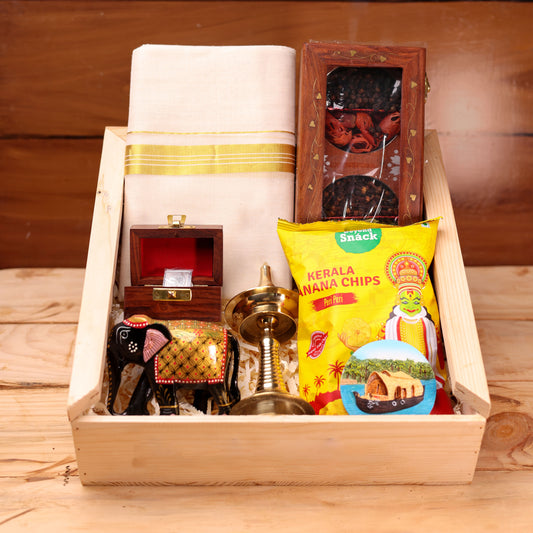 Onam Corporate Traditional Gift Hamper | Spice Box, Saree/Dhoti, Silver Coin, Brass Nilavilakku