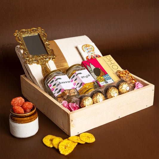 Pichi Poo Kerala Onam Gift Hamper: Traditional Saree, Kerala Snacks, and More