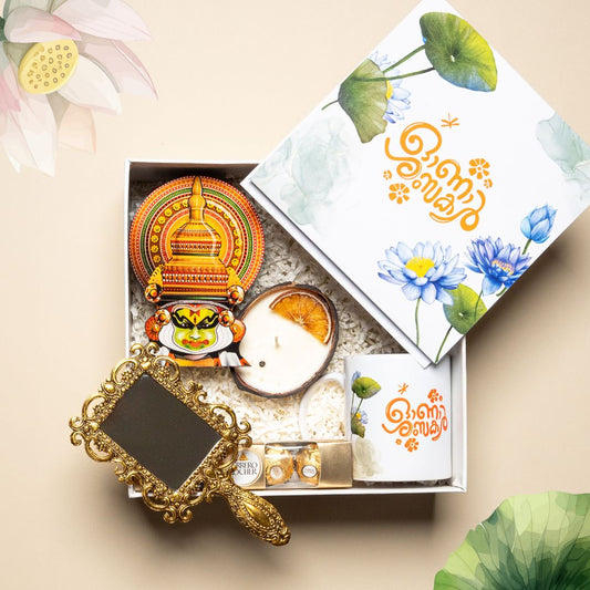 Water Lily Kerala Onam Gift Hamper with Coffee Mug, Coconut Candle, and Katakali Décor